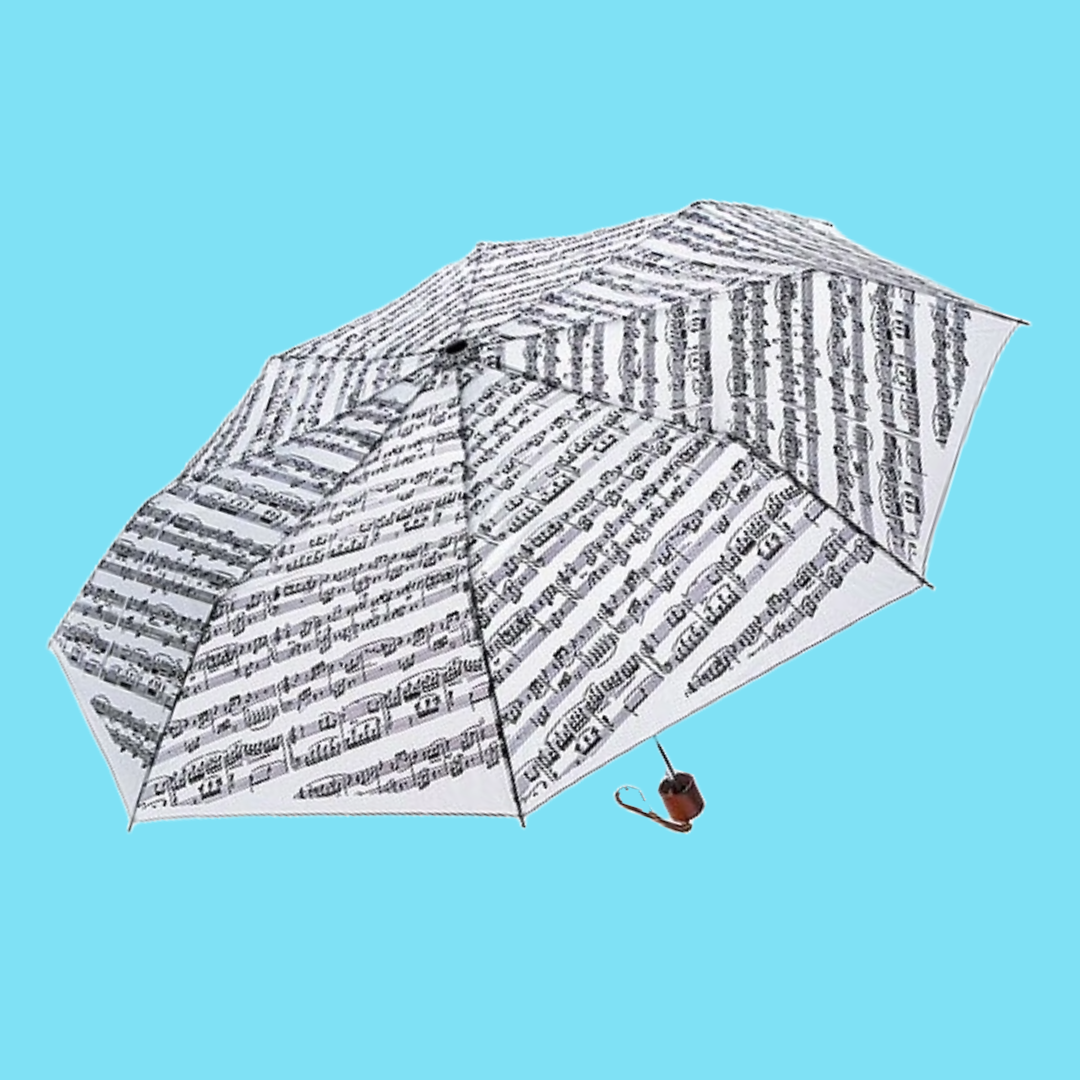 White Mini Travel Umbrella with Sheet Music Design