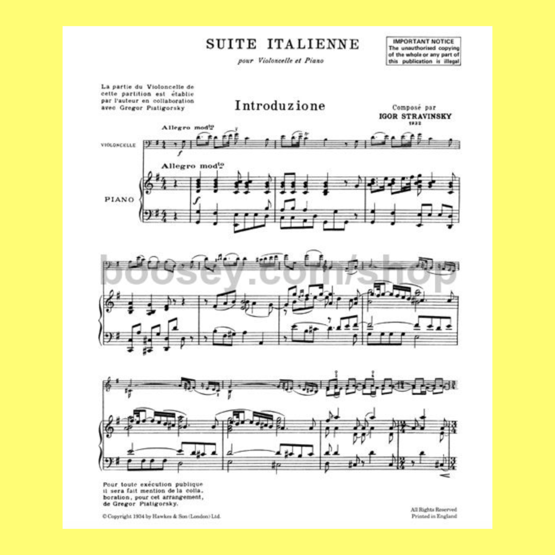 Stravinsky - Suite Italienne Cello & Piano Book