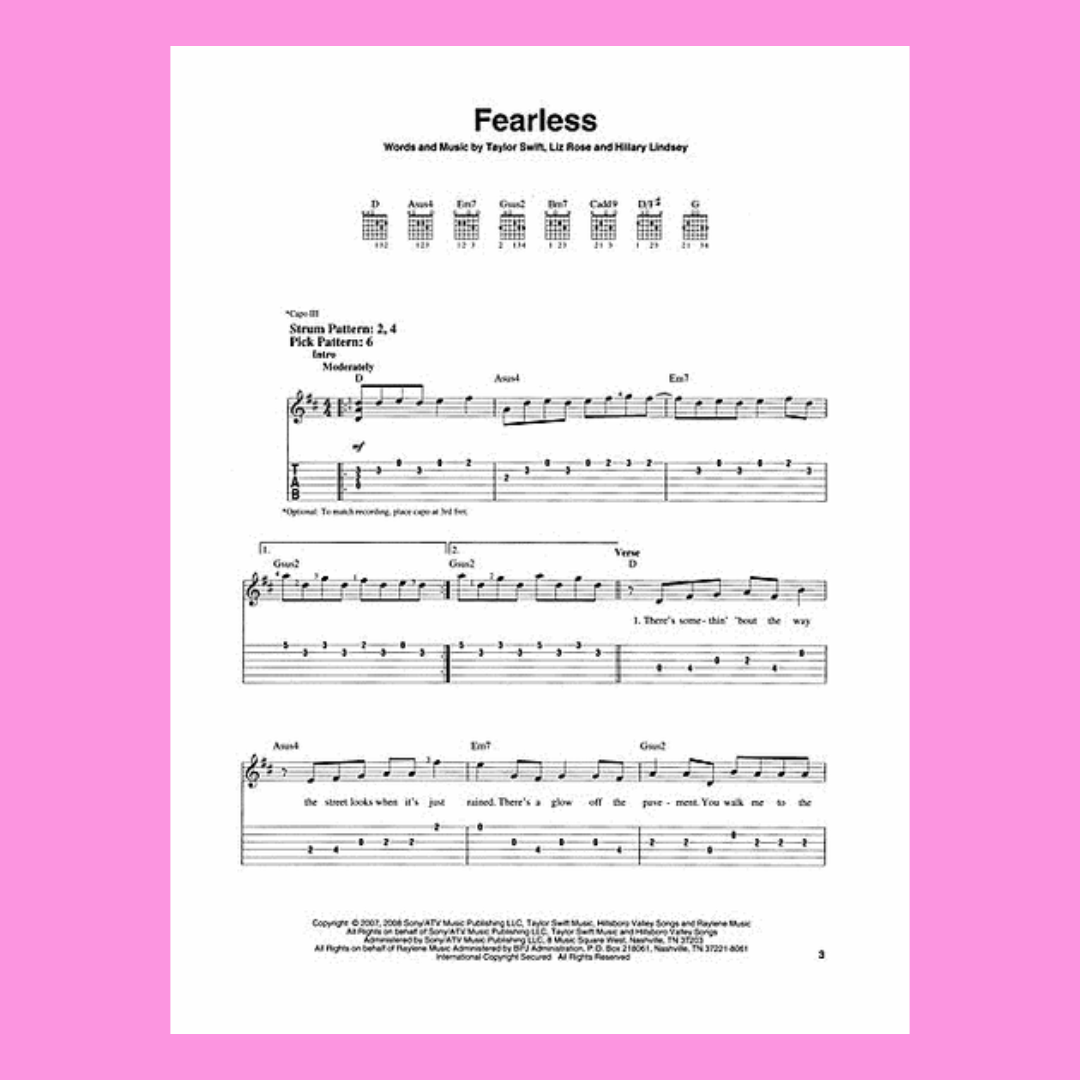 Taylor Swift - Fearless Easy Guitar Notes & Tab Songbook