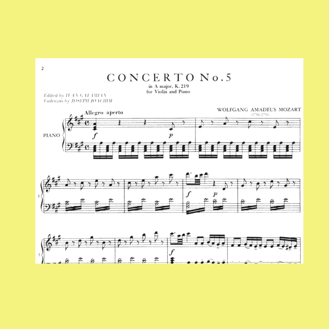 Mozart - Concerto No 5 A Major K 219 for Violin with Piano Accompaniment