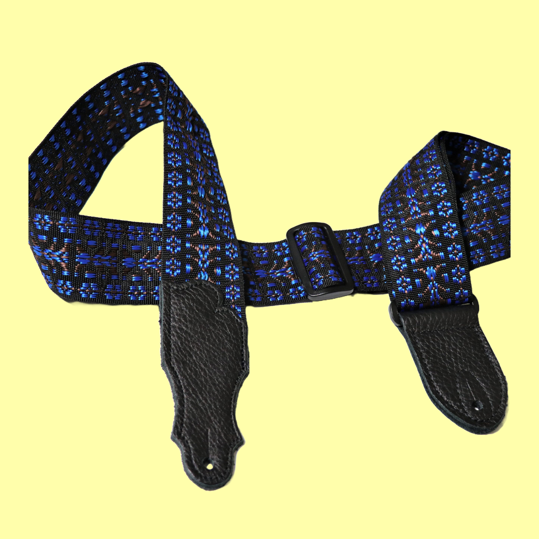 Franklin 2" Woven Nylon Folk Strap Blue with Pebbled Black Glove Leather End Tab