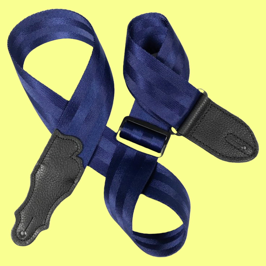 Franklin 2" Blue Aviator Seat Belt Guitar Strap with Pebbled Glove Leather End Tab