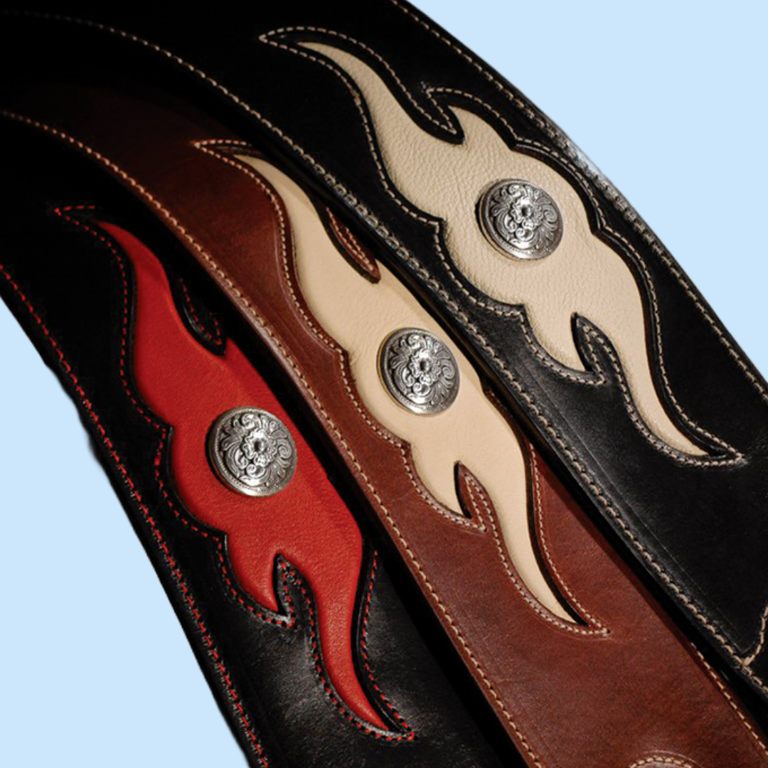 Franklin 3" Sculpted Ball Padded Cognac Leather with Cream Flame Insert & Concho Guitar Strap