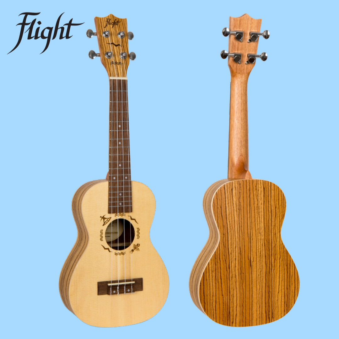 Flight DUC525 Concert Ukulele with Solid Spuce/Zebrawood and Padded Gig Bag