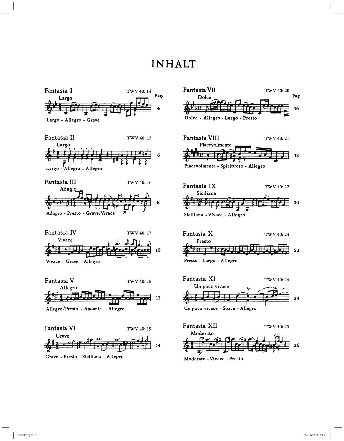 George Philipp Telemann - 12 Fantasias Violin Solo Book (Urtext Edition)