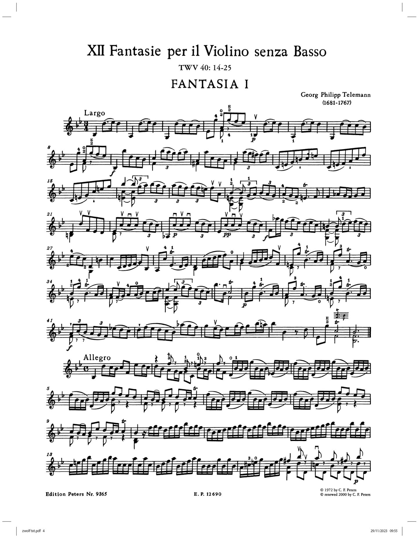 George Philipp Telemann - 12 Fantasias Violin Solo Book (Urtext Edition)