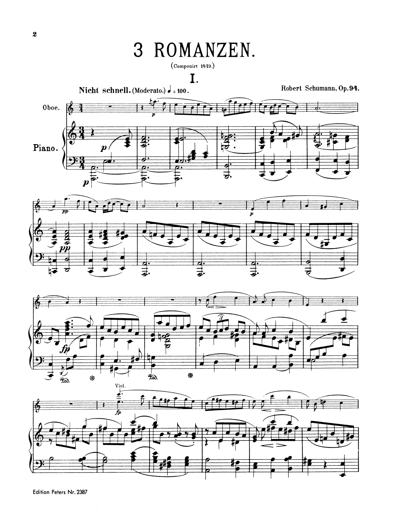 Schumann - 3 Romances Op 94 For Oboe Or Violin Book