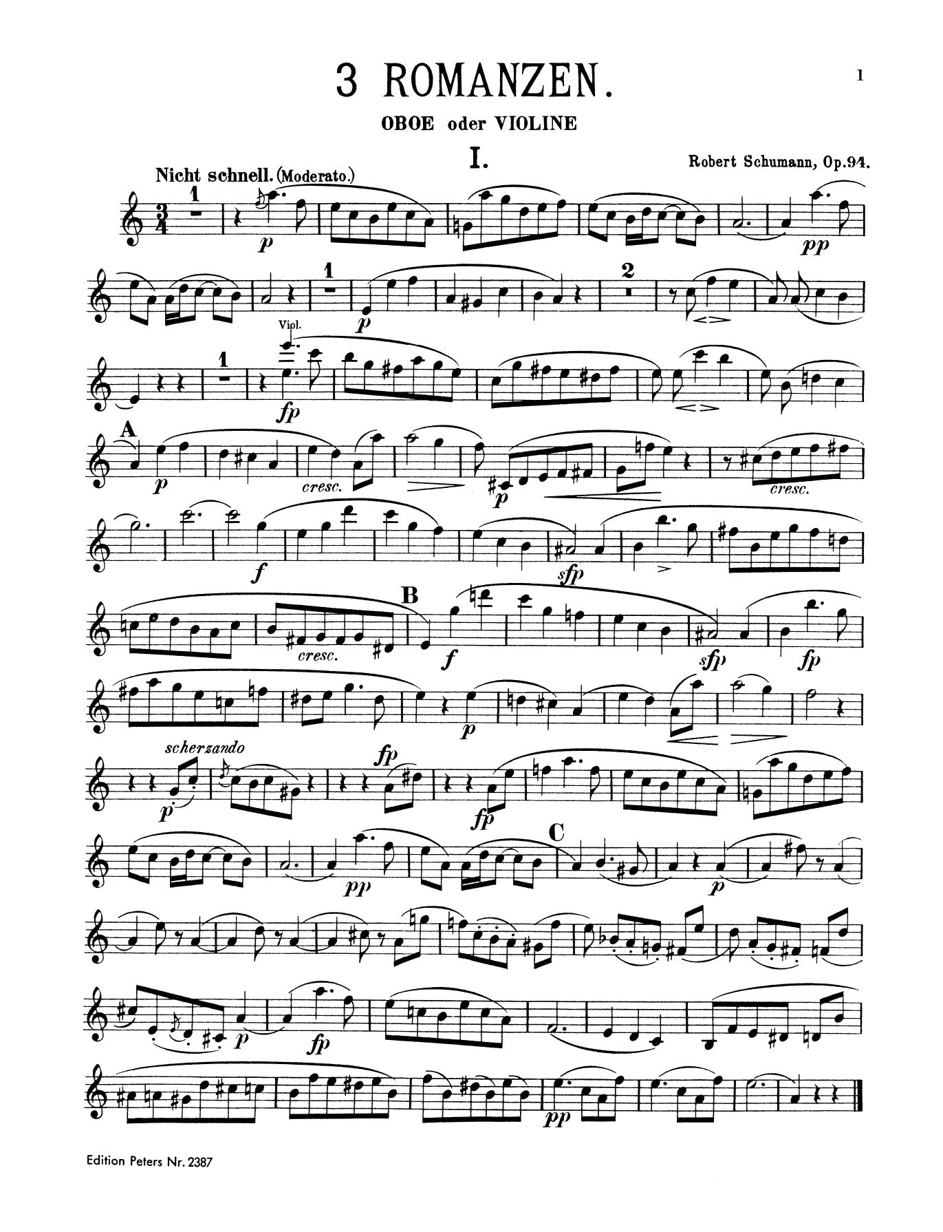 Schumann - 3 Romances Op 94 For Oboe Or Violin Book