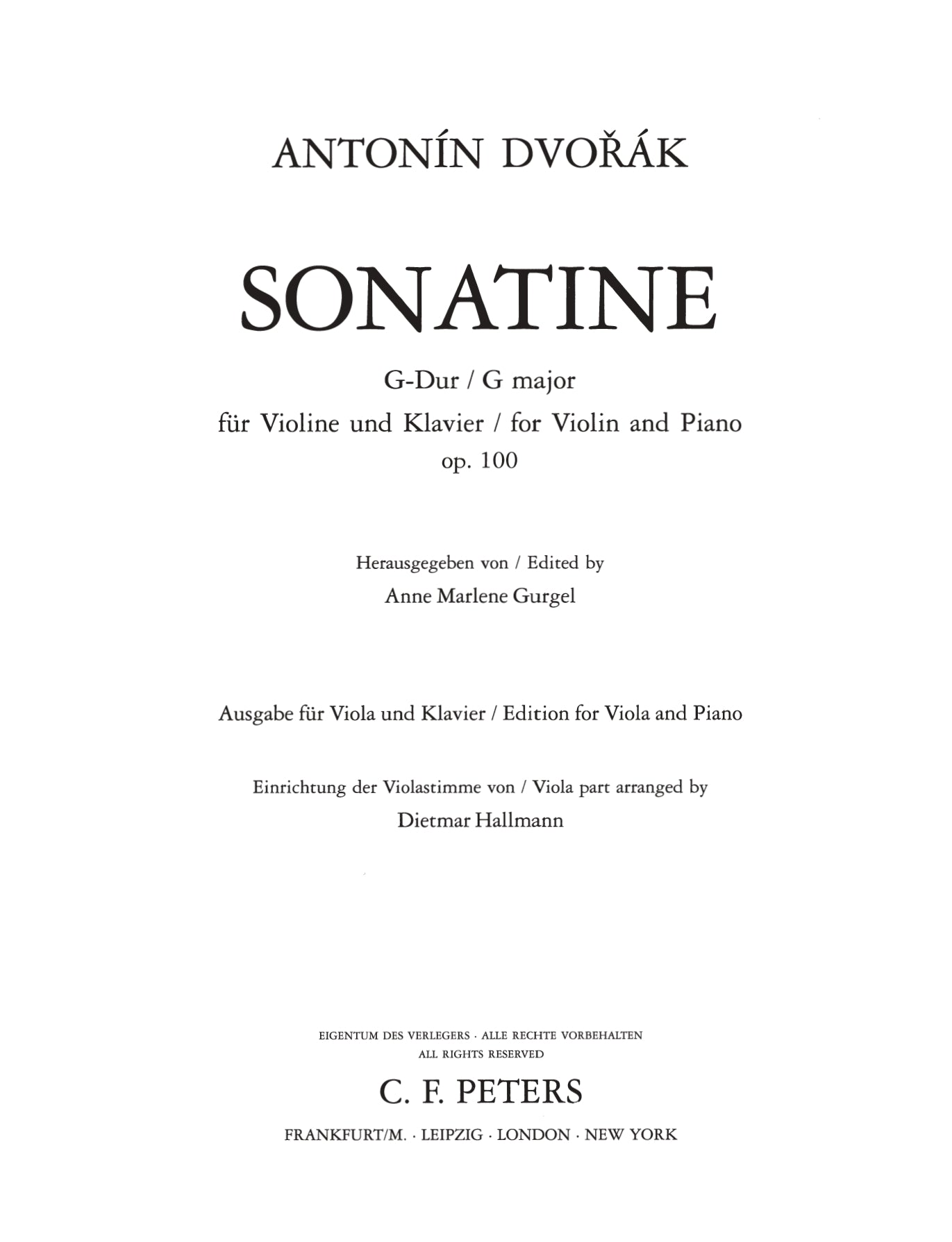 Dvorak - Sonatina G Op 100 For Viola with Piano Accompaniment Book