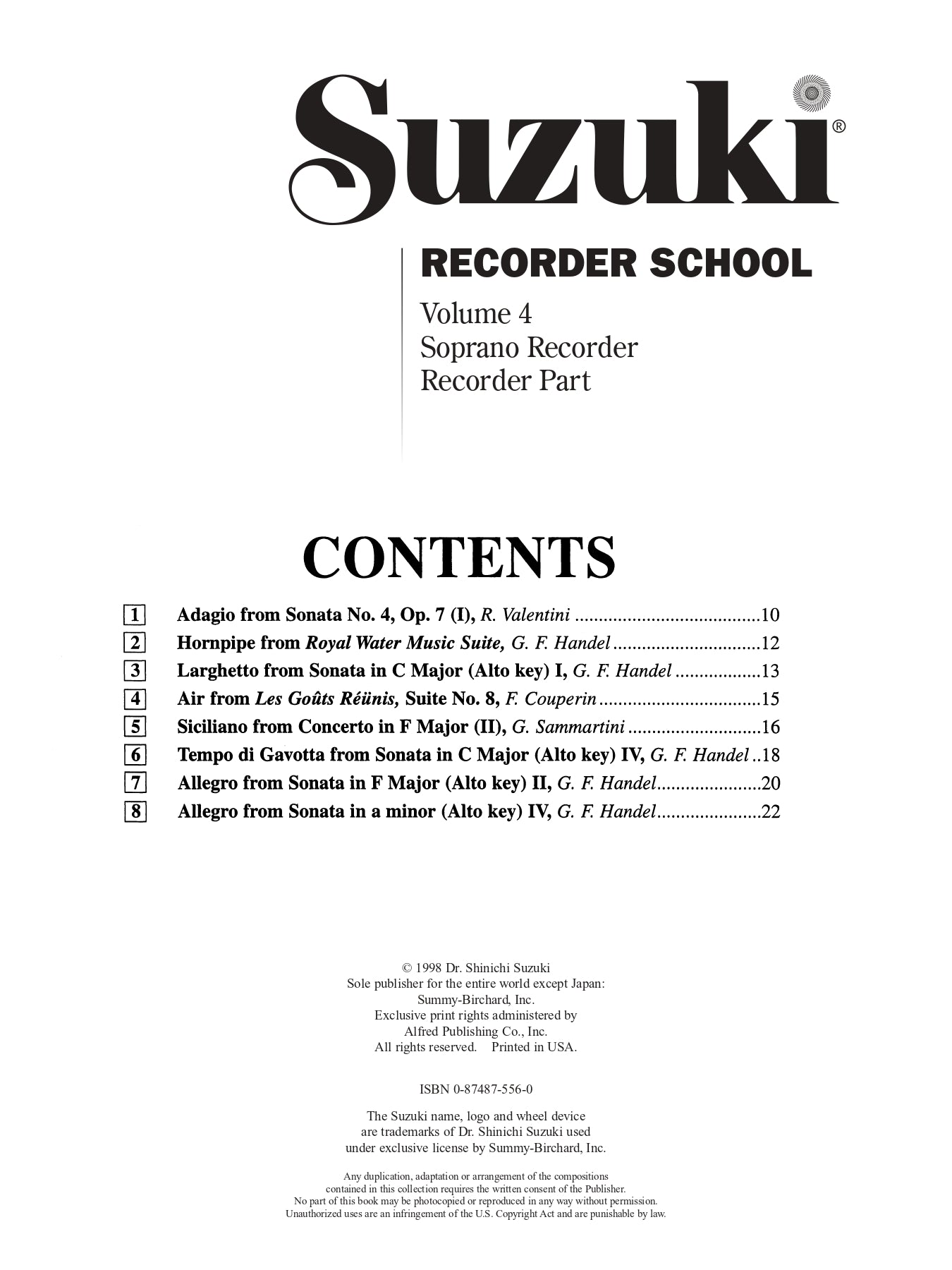 Suzuki Recorder School Vol 4 Descant Recorder Part