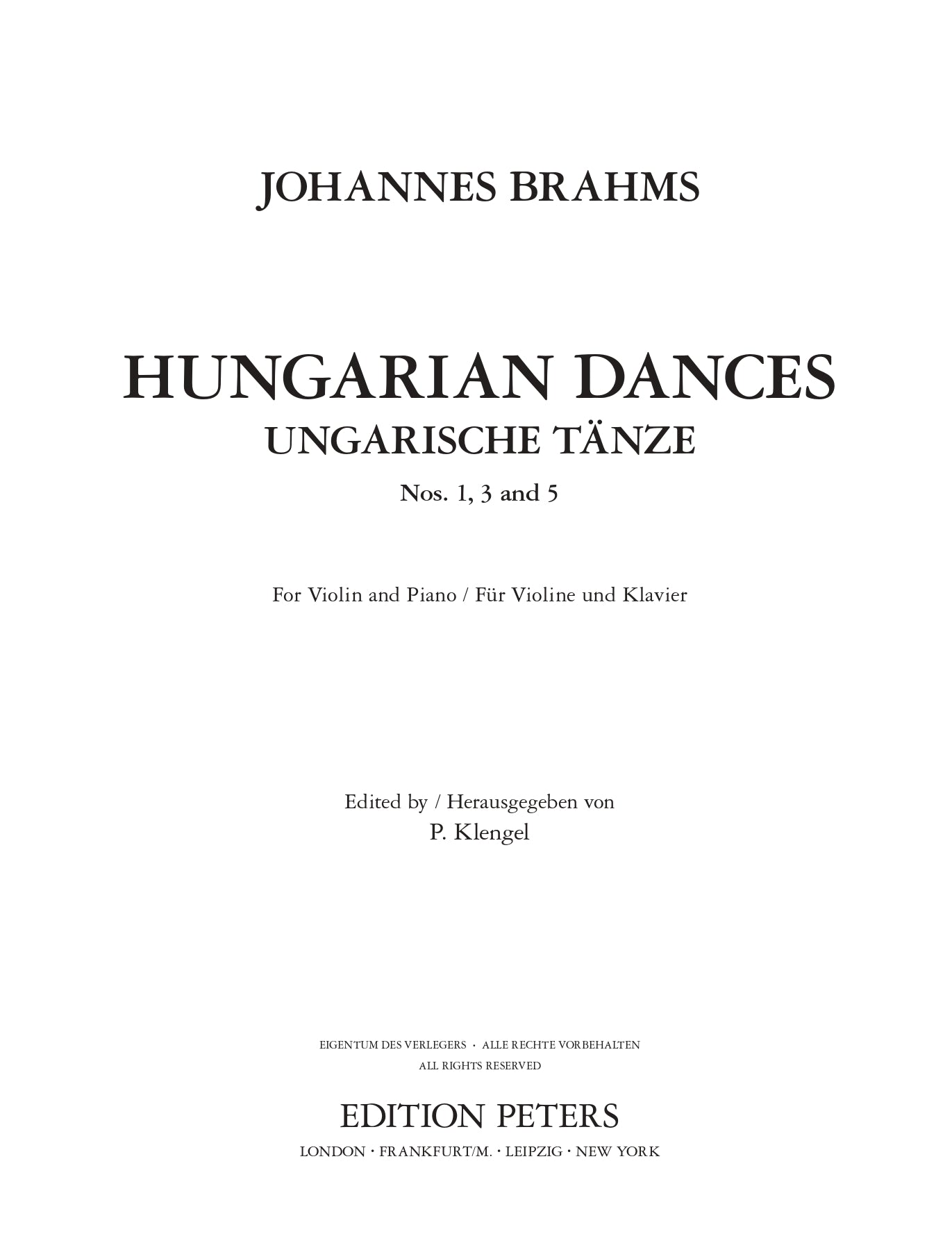 Brahms - Hungarian Dances Nos 1, 3, and 5 for Violin Book