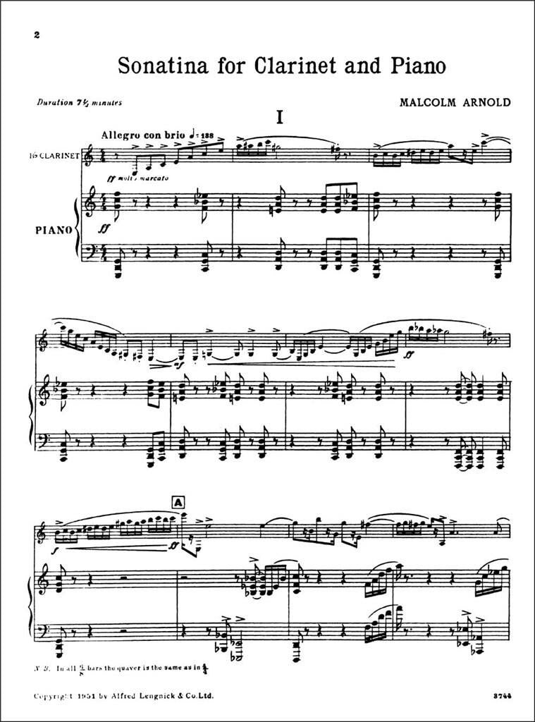 Malcolm Arnold - Sonatina Op 29 Clarinet Solo With Piano Accompaniment Book