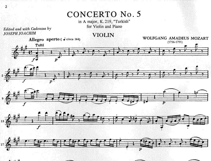 Mozart - Concerto No 5 A K 219 Violin Solo with Piano Accompaniment Book