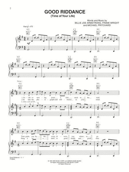 Green Day - Good Riddance (Time Of Your Life) PVG Sheet Music