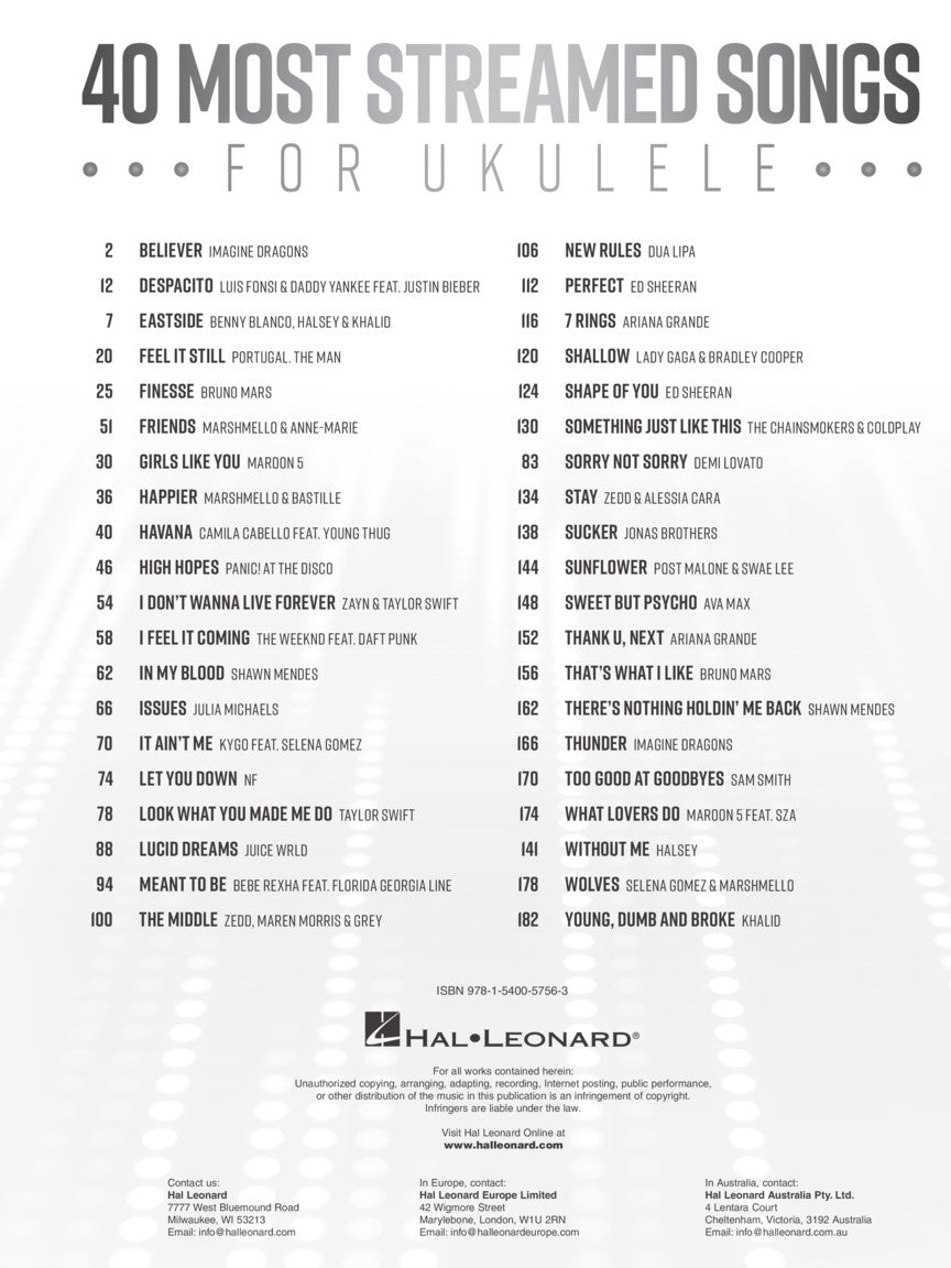 40 Most Streamed Songs For Ukulele Book