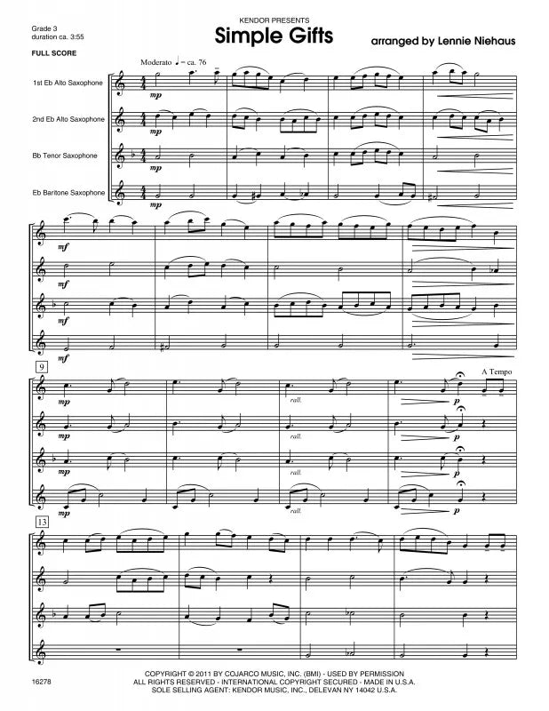 Simple Gifts Quartet - 2 Altos, Tenor and Baritone Saxophone Score/Parts