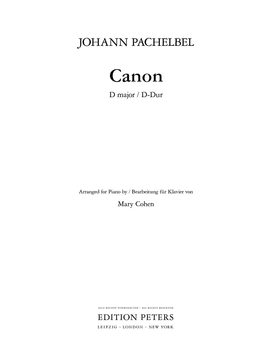 Pachelbel - Canon In D Arranged For Piano Solo Sheet Music