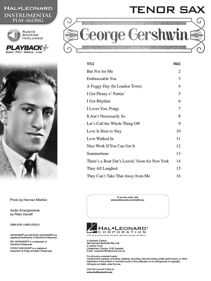 George Gershwin For Tenor Saxophone Play Along Book/Ola