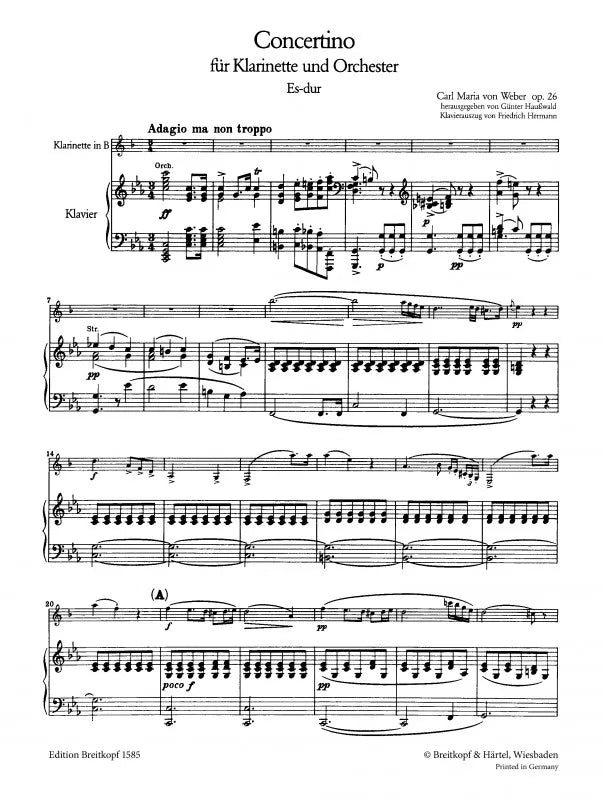 Weber Concertino in Eb major Op. 26 For Clarinet with Piano Accompaniment Book