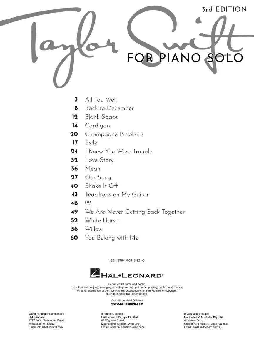 Taylor Swift For Piano Solo Songbook (3rd Edition)