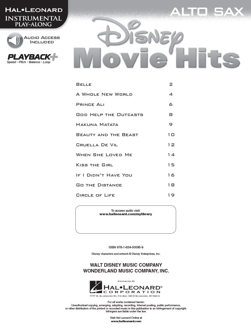 Disney Movie Hits For Alto Saxophone Play Along Book/Ola