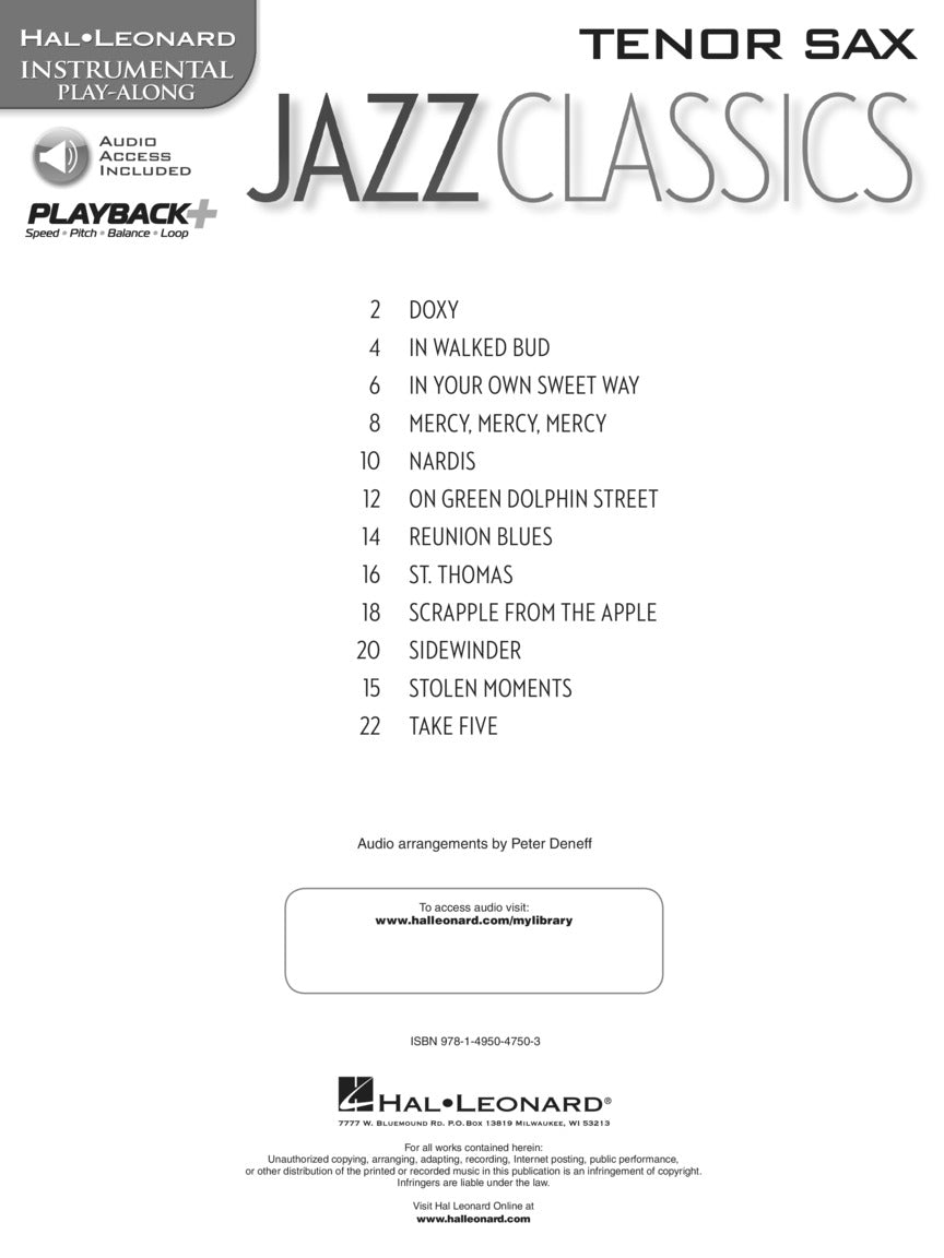 Jazz Classics For Tenor Saxophone Play Along Book/Ola