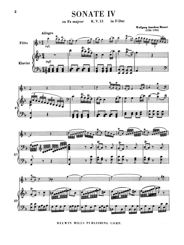 Mozart - Six Sonatas, Vol II (Nos. 4-6) (K. 13, 14, 15) for Flute with Piano Book