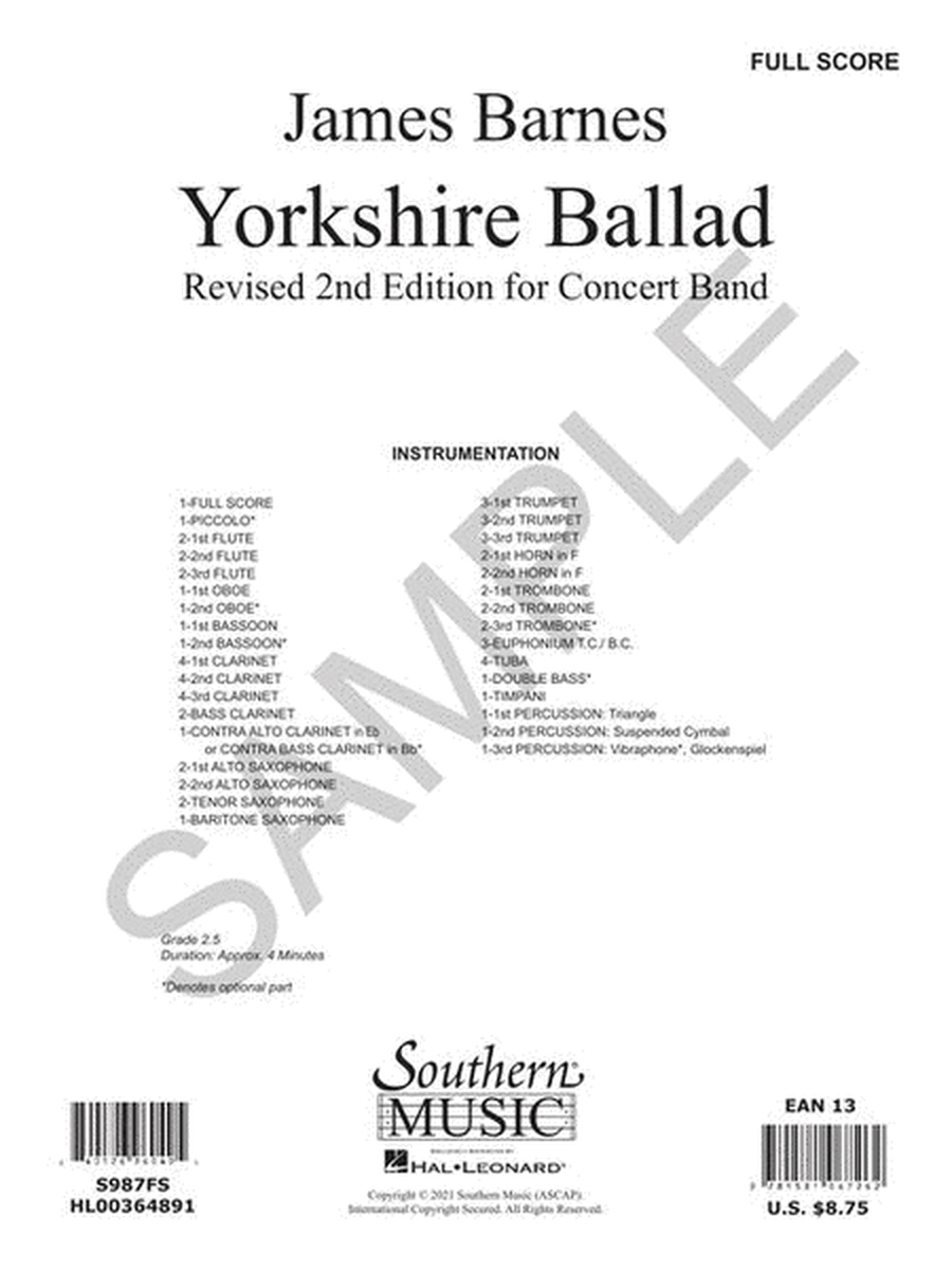 Yorkshire Ballad - Concert Band Level 2 Score/Parts