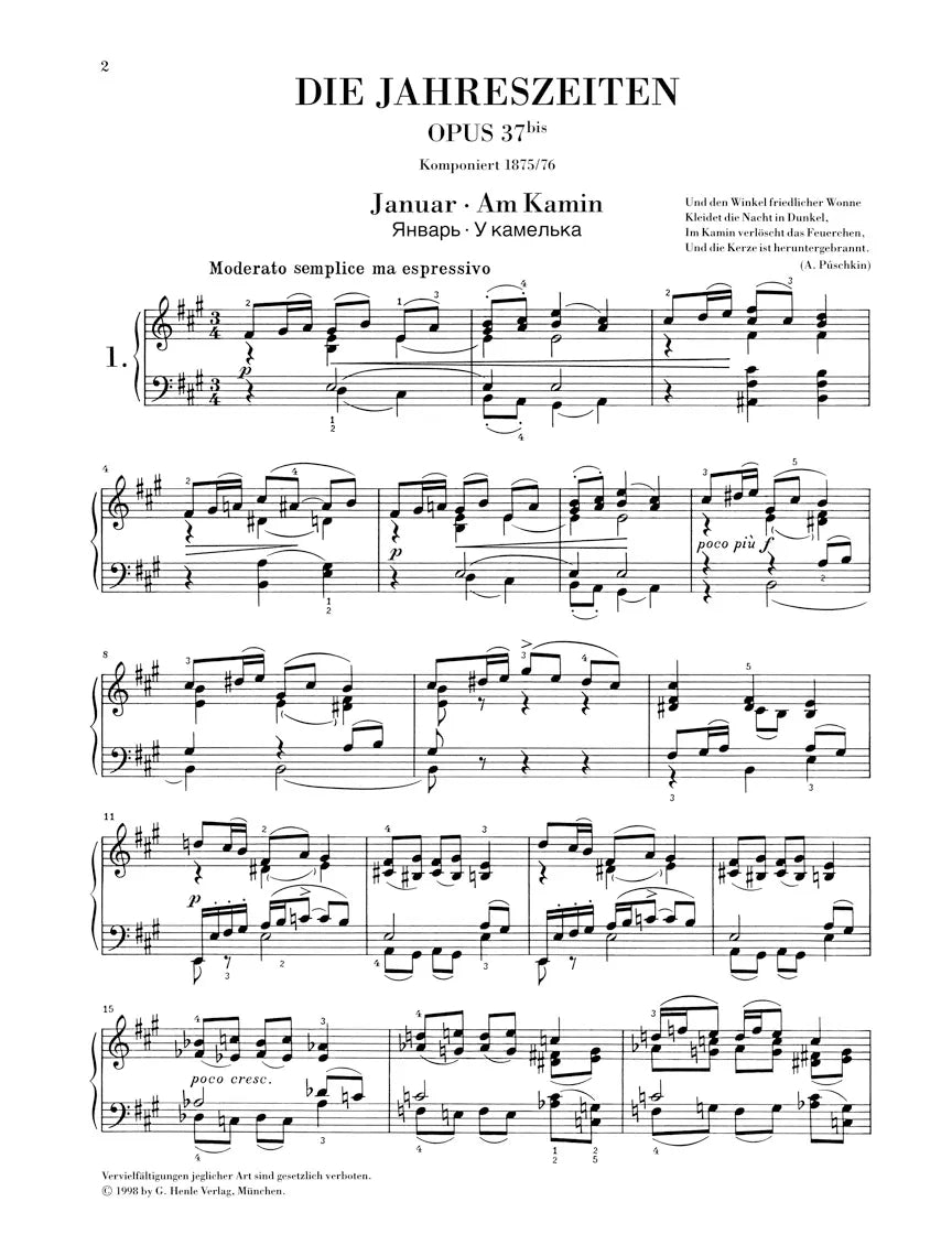 Tchaikovsky - Seasons Op 37B For Piano - Urtext Edition Book