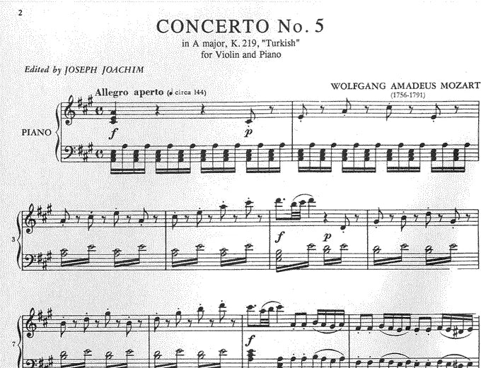 Mozart - Concerto No 5 A K 219 Violin Solo with Piano Accompaniment Book