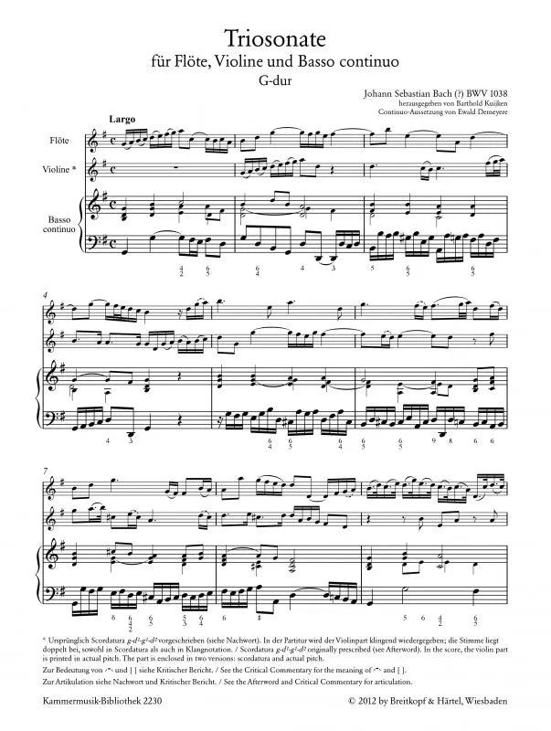 JS Bach - Triosonate for Flute, Violine, BC. BWV 1038 Urtext Book