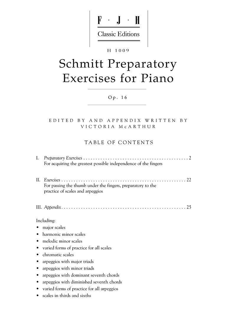 Schmitt Preparatory Exercises Op 16 For Piano Book