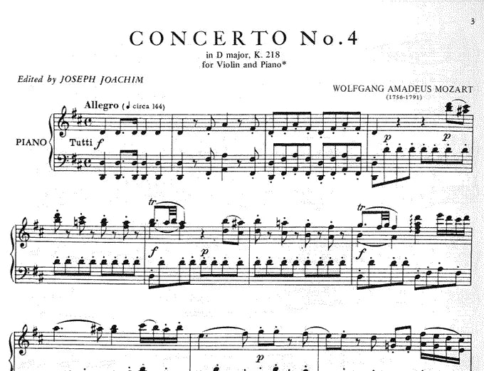 Mozart - Concerto No 4 D K 218 Violin with Piano Accompaniment Book