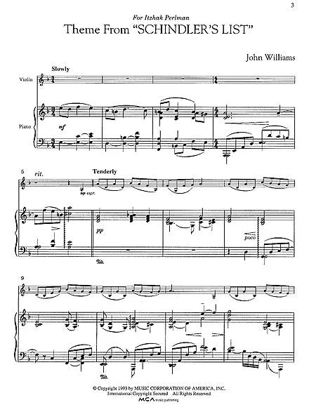 John Williams - 3 Pieces From Schindlers List Violin with Piano Accompaniment