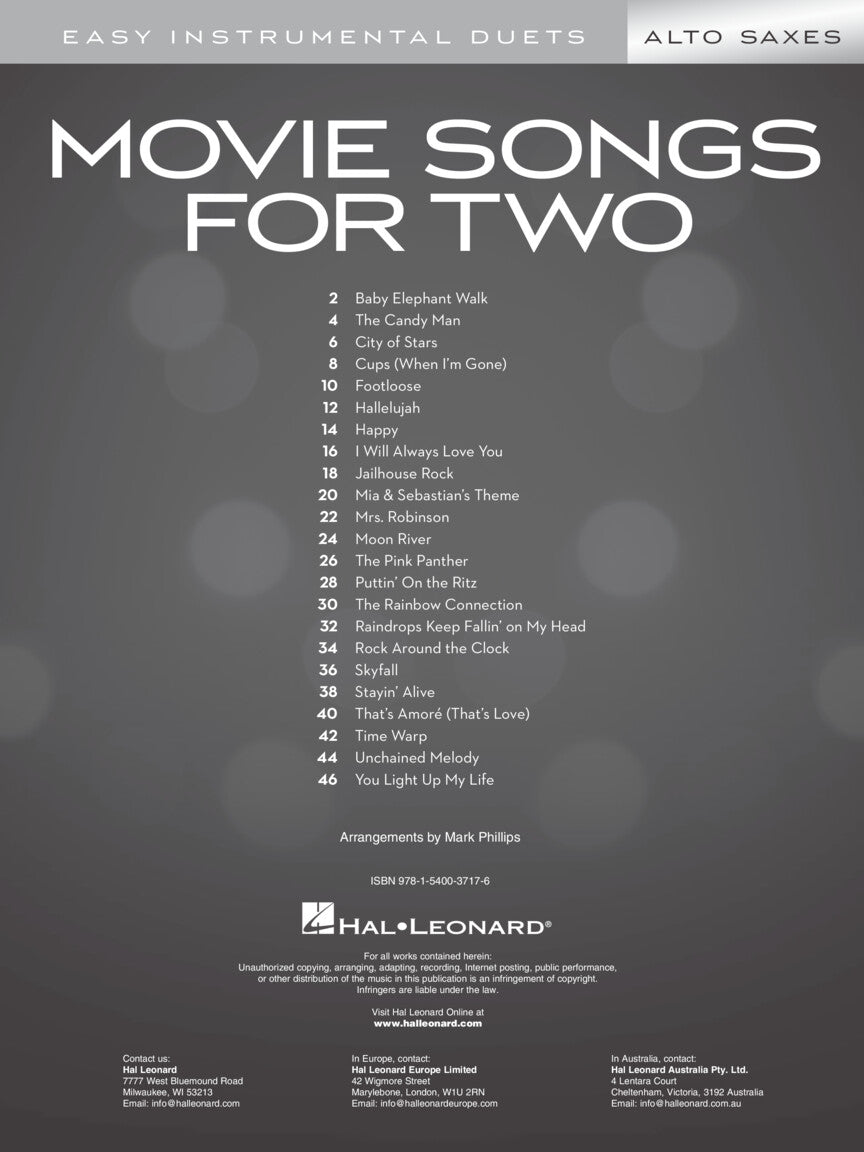 Movie Songs For Two Alto Saxophones Book