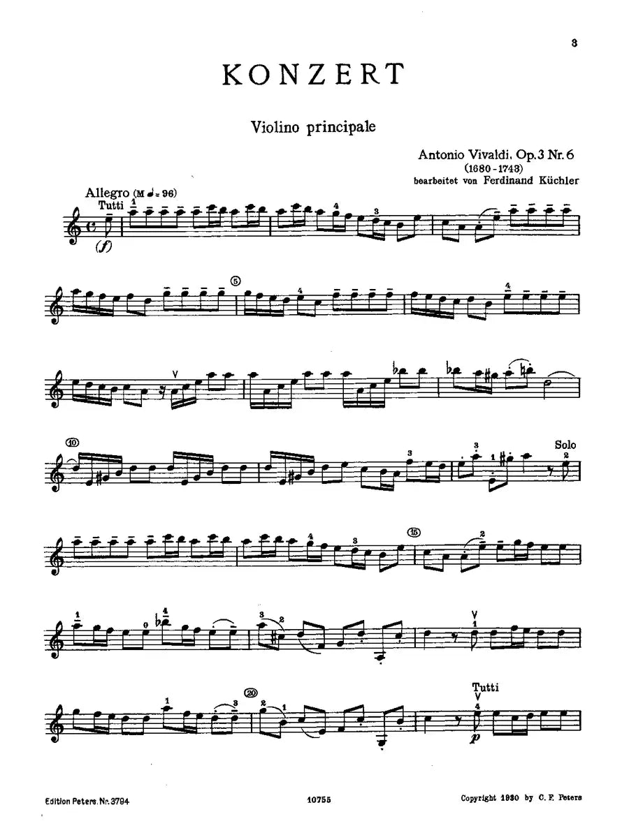 Vivaldi - Concerto in A minor Op.3 No.6 RV 356 Violin with Piano Accompaniment Book