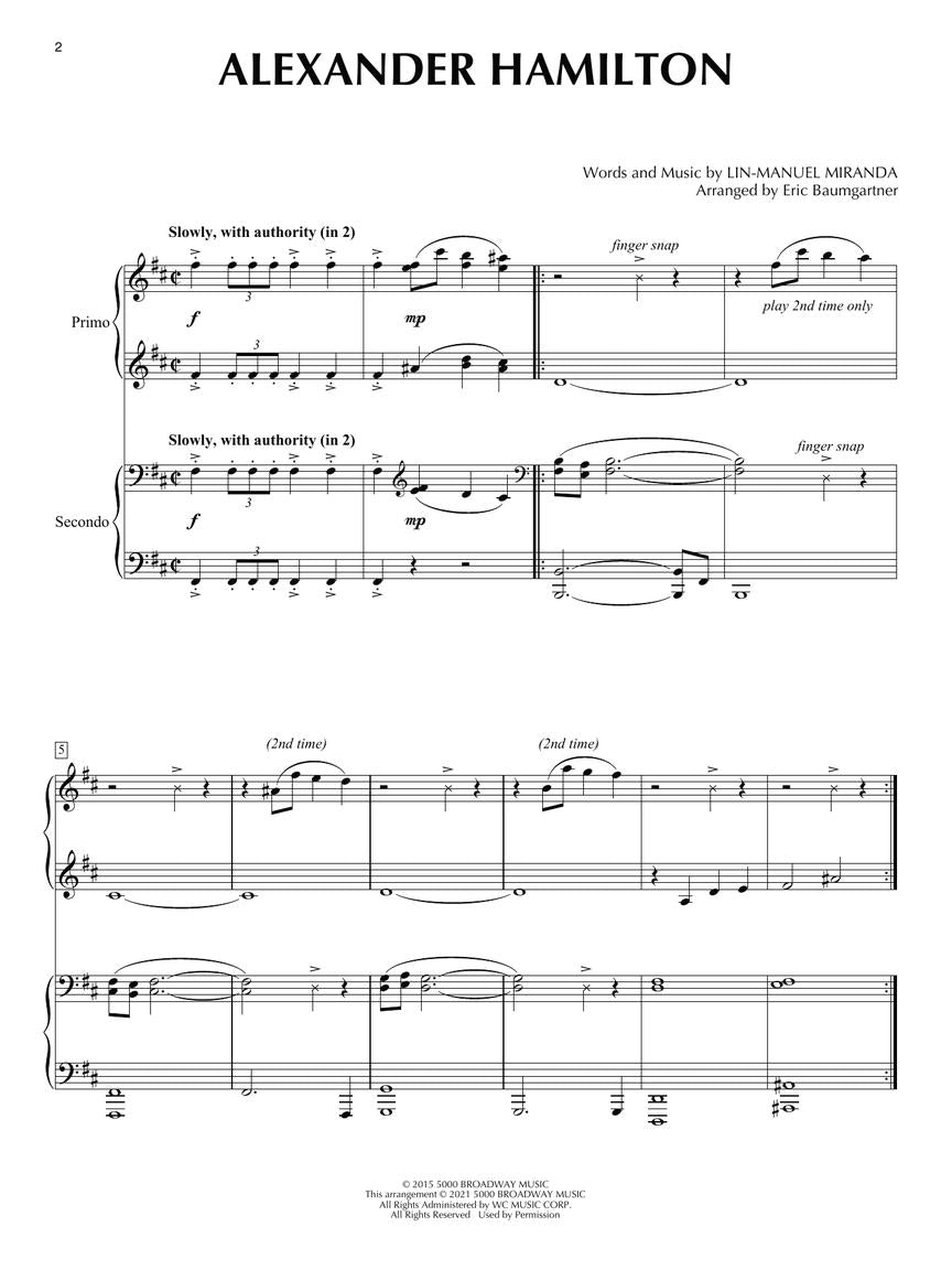 Hamilton For Piano Duet Book