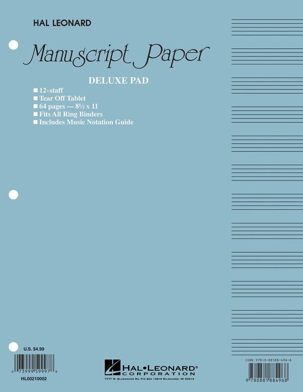 Hal Leonard - Deluxe Manuscript Book - 12 Staves, Tear Off (32 Pages)