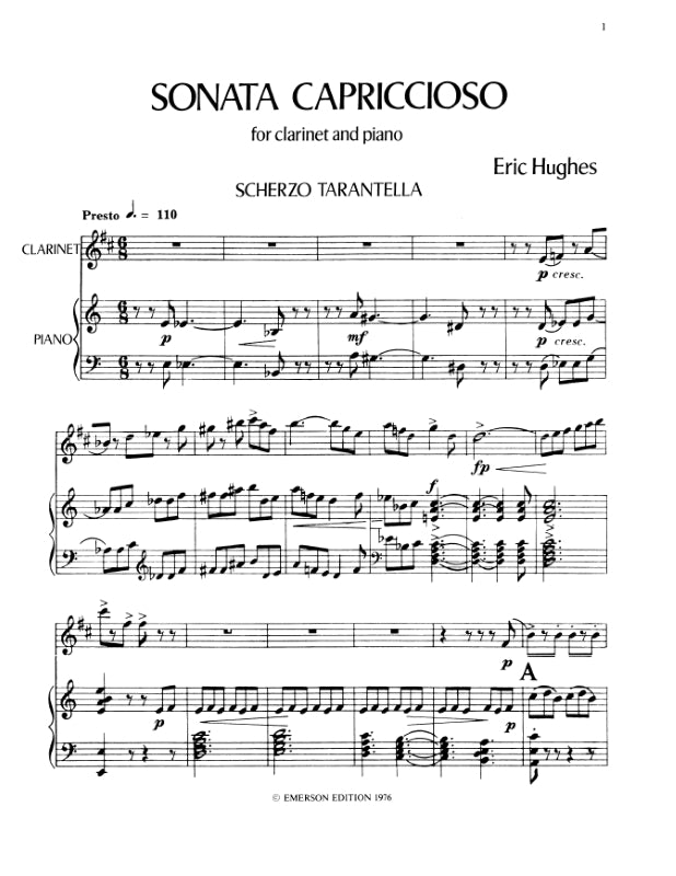 Eric Hughes - Sonata Capriccioso For Clarinet with Piano Accompaniment Book