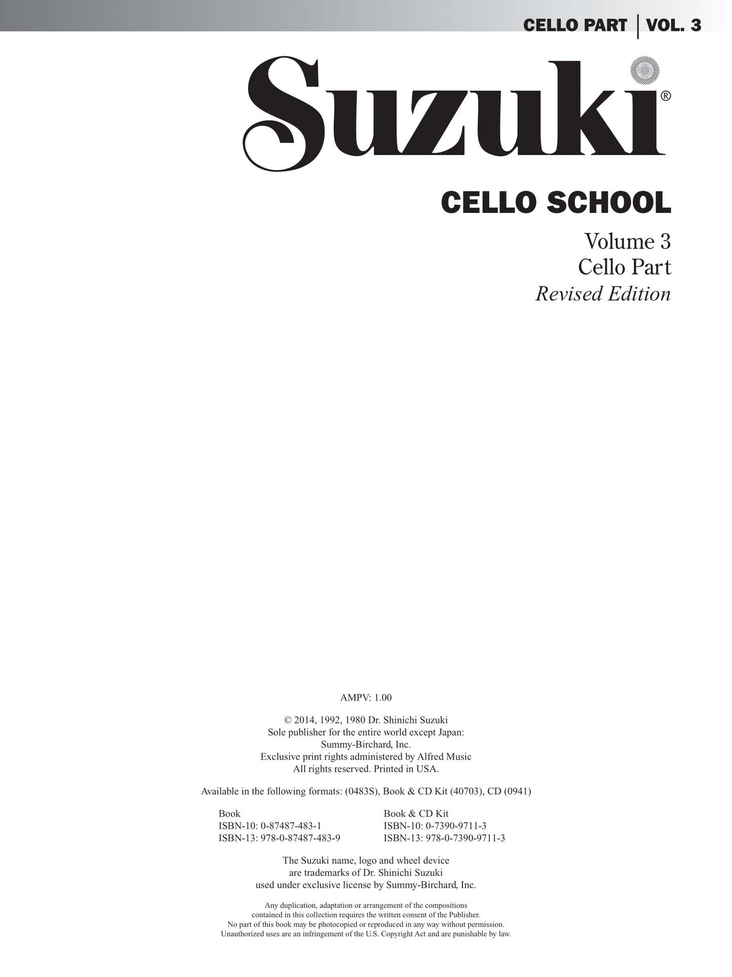 Suzuki Cello School - Cello Part Volume 3 Book/Cd (Revised Edition)