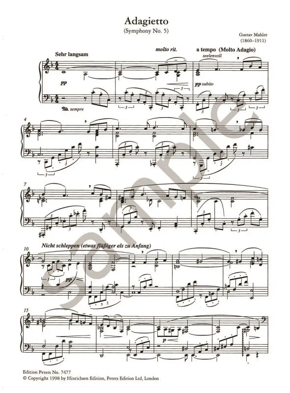 Gustav  Mahler - Adagietto From Symphony No 5 For Piano Solo Book