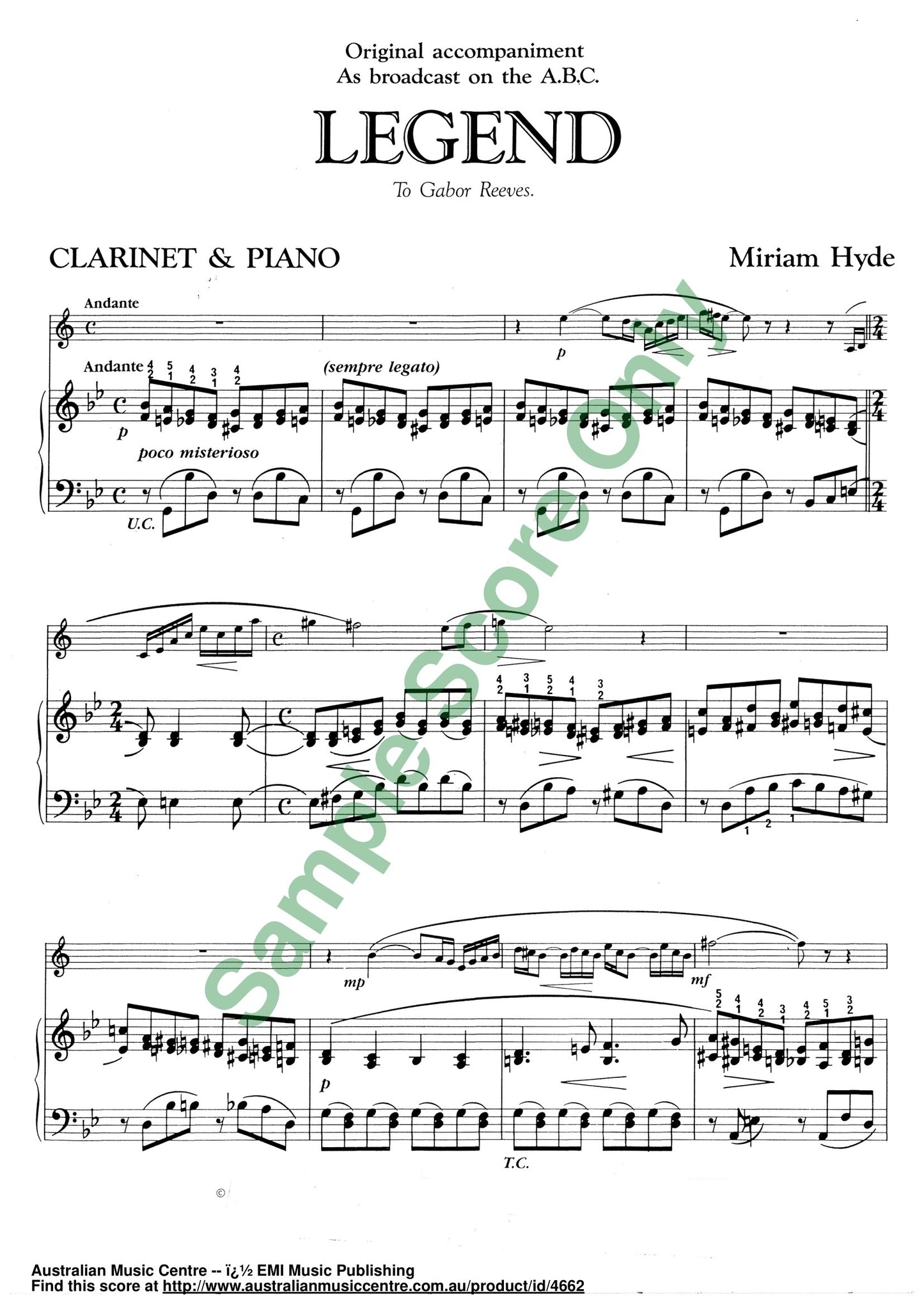 Miriam Hyde - Legend For Clarinet With Piano Accompaniment Book