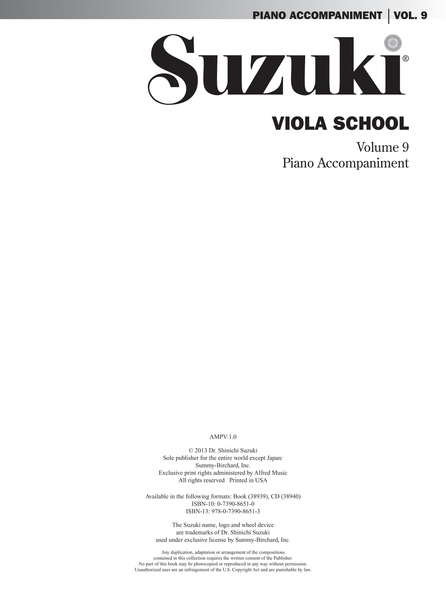 Suzuki Viola School: Viola Part Volume 9 Piano Accompaniment Book