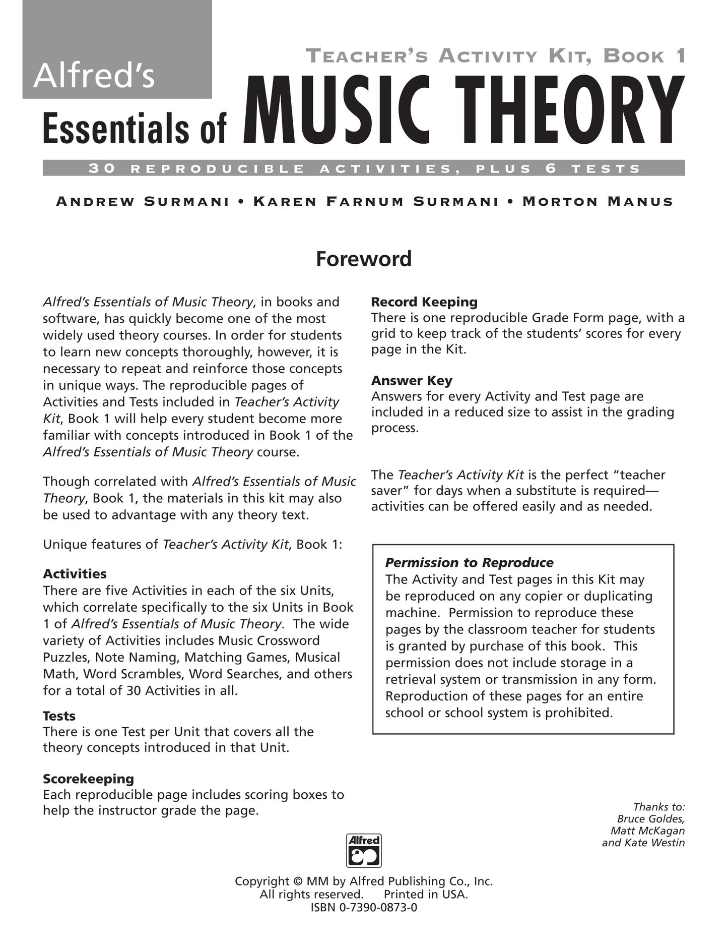 Alfred's Essentials Of Music Theory - Teacher's Activity Kit Book 1