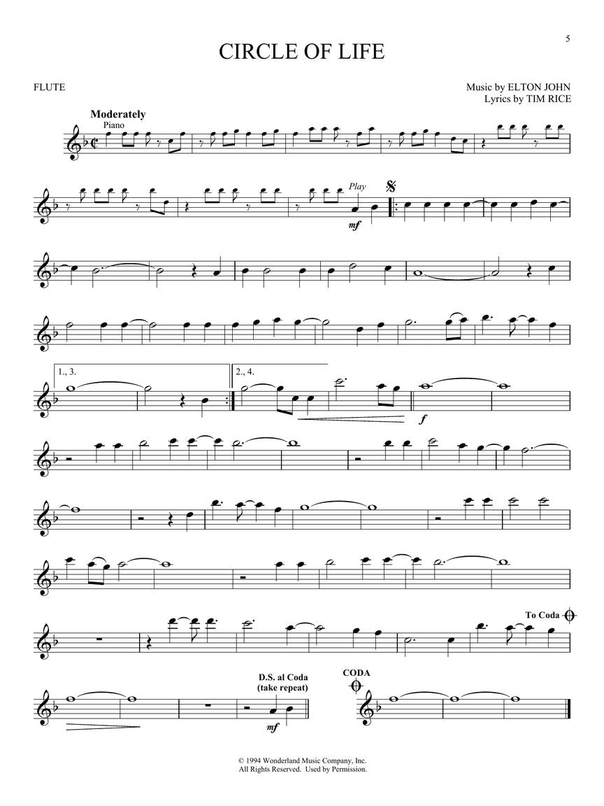 The Lion King For Flute Play Along Book/Ola