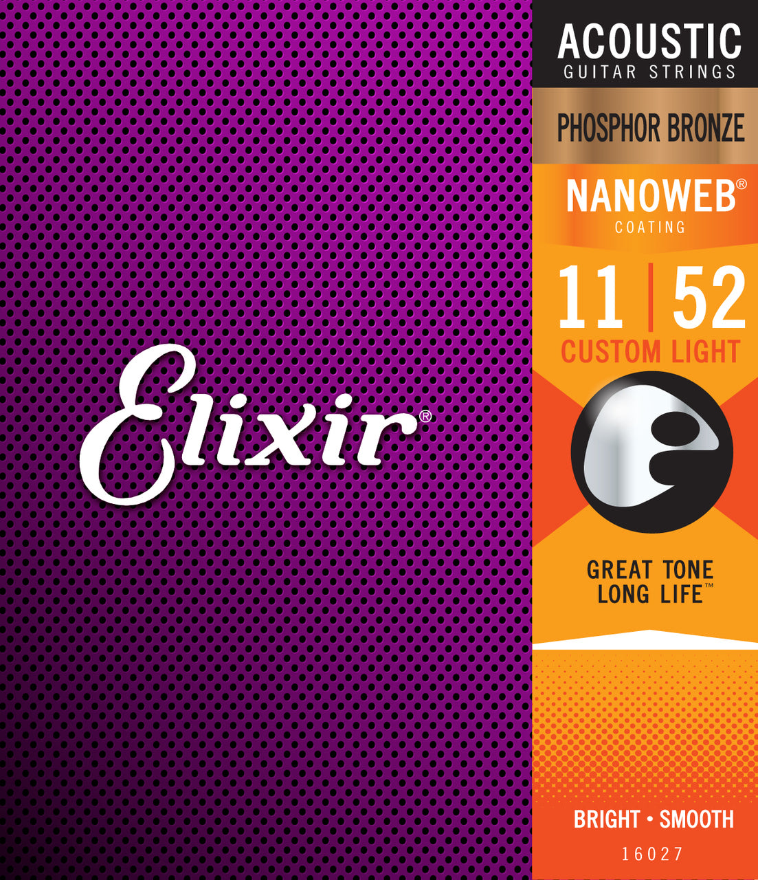 Elixir 16027 Nanoweb Phosphor Bronze Custom Light 11-52