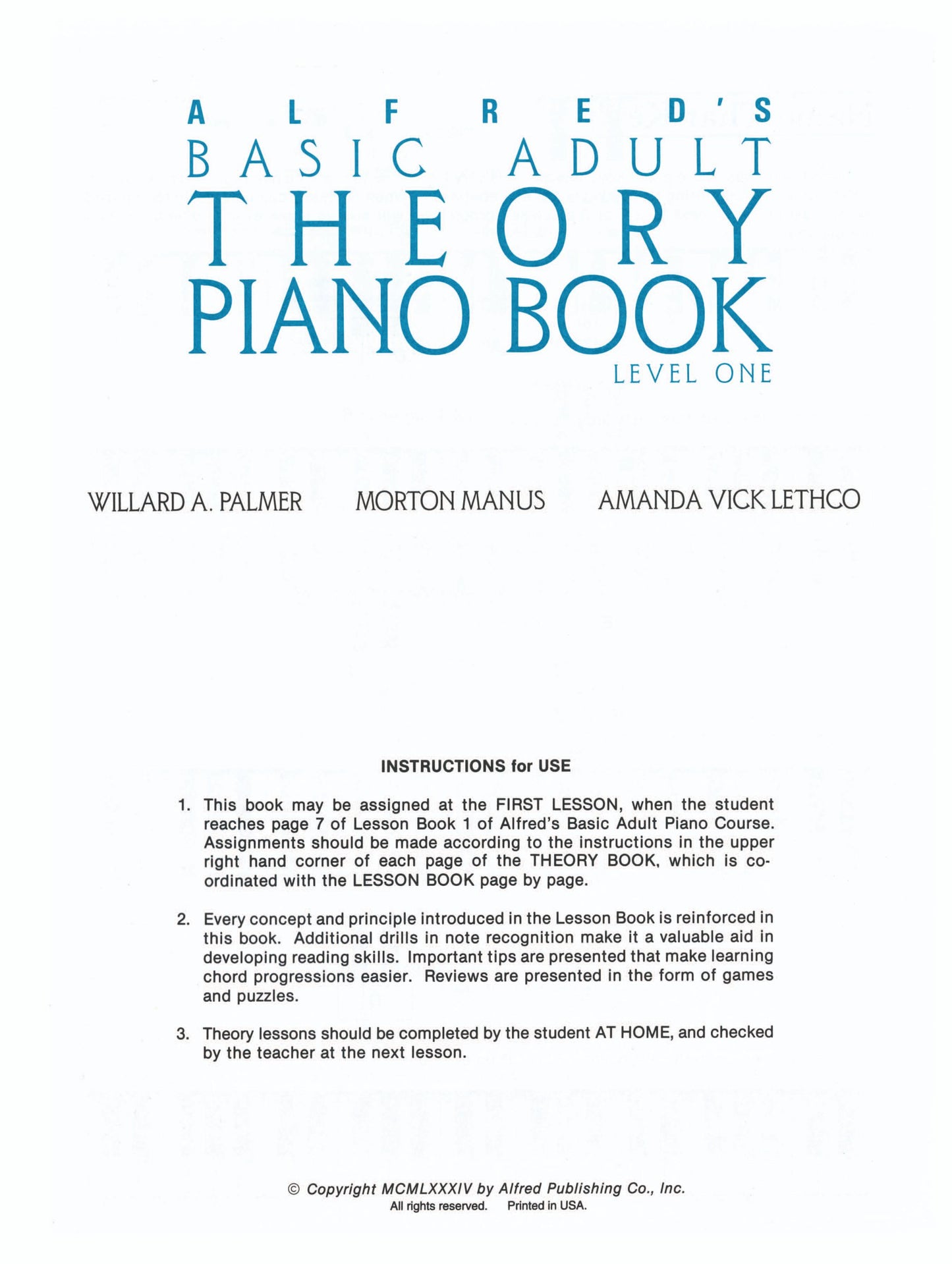 Alfred's Basic Adult Piano Course - Theory Book 1