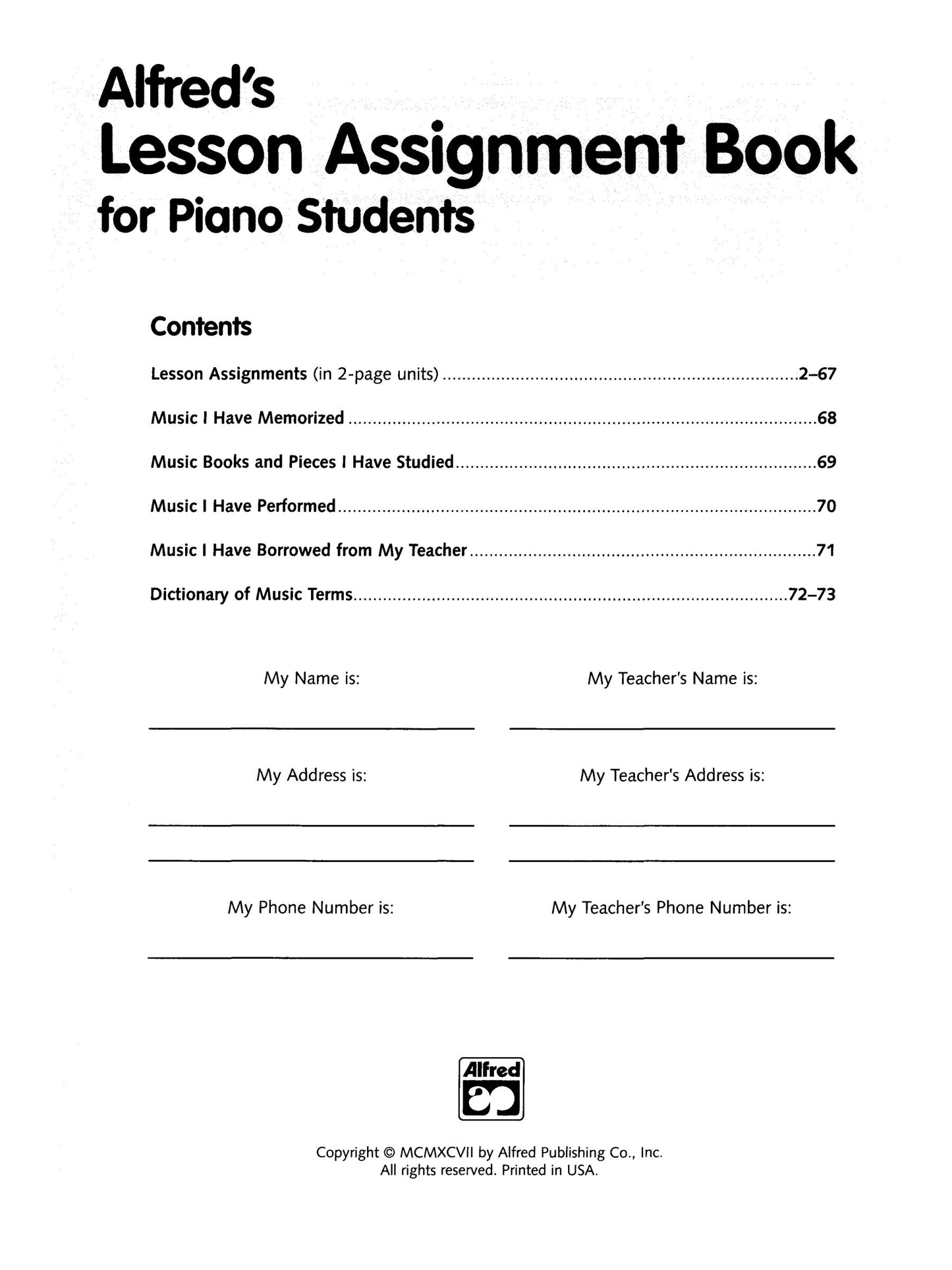 Alfred's Lesson Assignment Book For Piano Students (For All Method Books)