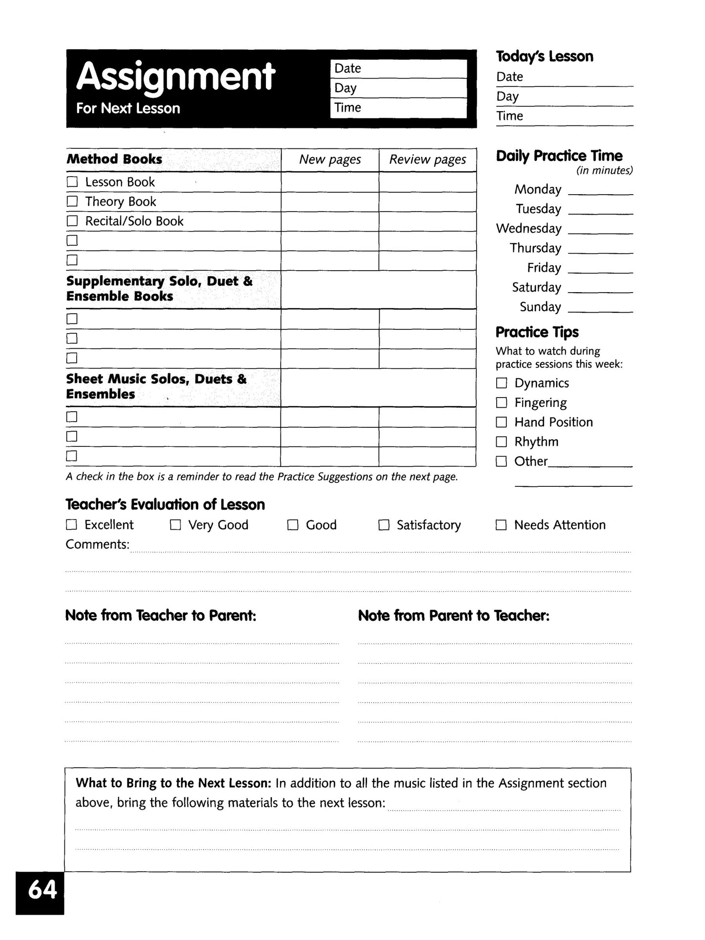 Alfred's Lesson Assignment Book For Piano Students (For All Method Books)