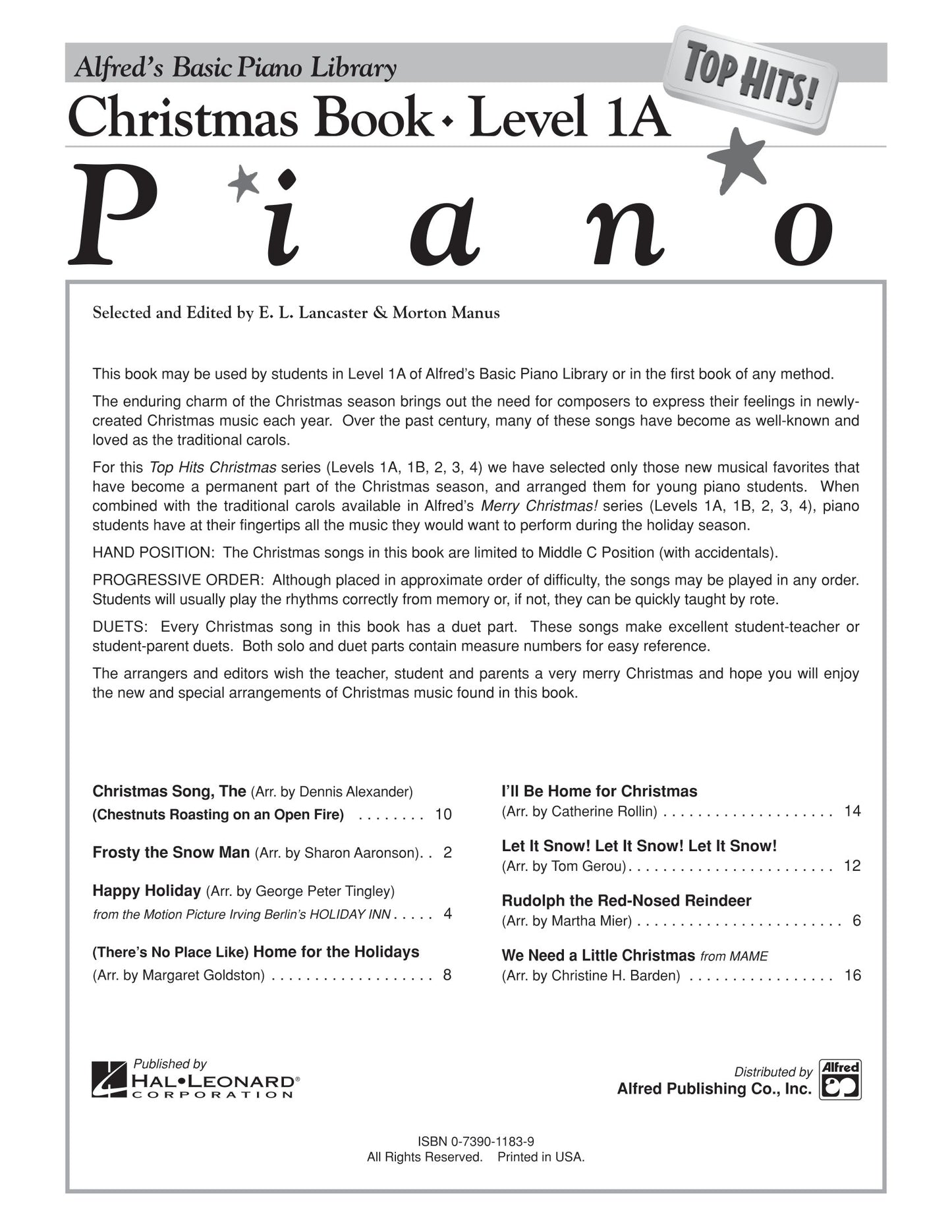 Alfred's Basic Piano Library - Top Hits Christmas Book Level 1A